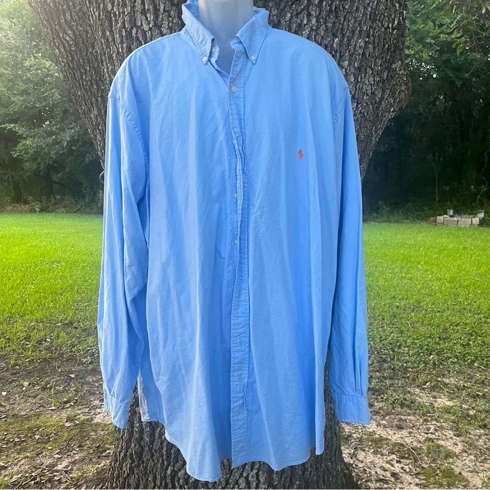 RALPH LAUREN BIG TALL 3XLT LIGHT BLUE LONG SLEEVE COLLARED DRESS PEACH LOGO HORS